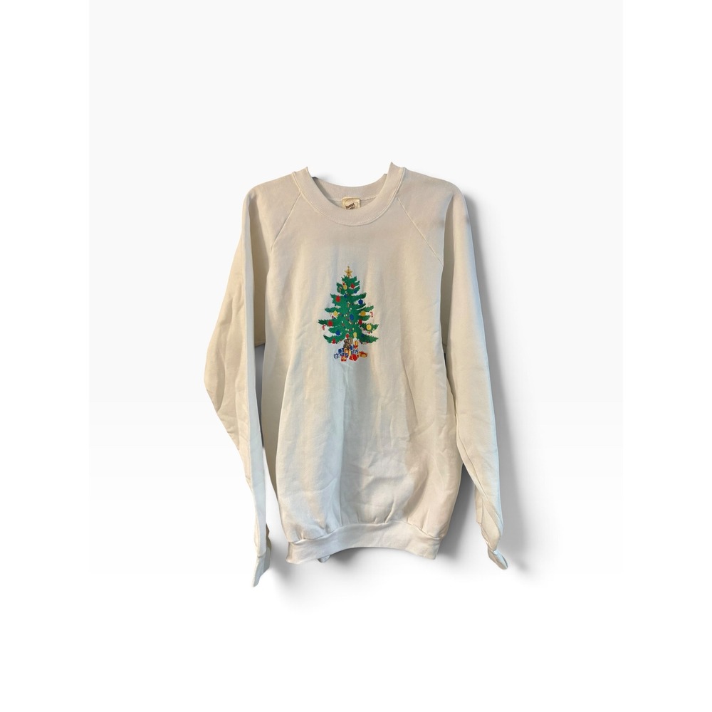 Vintage Peanut Butter & Jelly Christmas Tree Raglan Sweatshirt XL White Cream